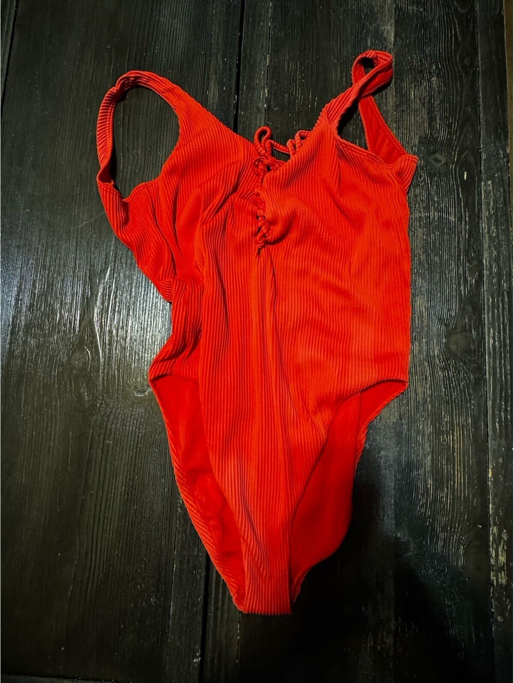 Hollister Ribbed One Piece Swimsuit Orange Lace Up Womens Large Bathing Suit
